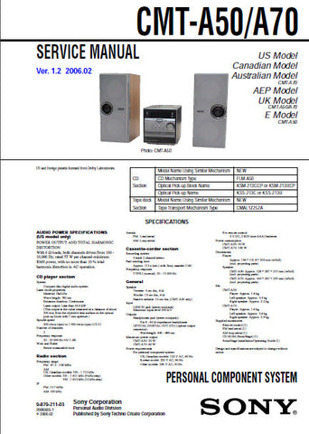 SONY CMT-A50 CMT-A70 PERSONAL COMPONENT SYSTEM SERVICE MANUAL INC BLK DIAGS PCBS SCHEM DIAGS AND PARTS LIST 74 PAGES ENG
