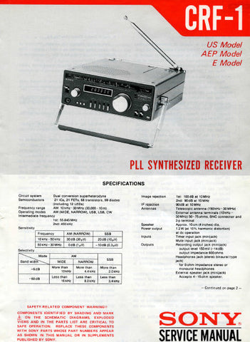 SONY CRF-1 PLL SYNTHESIZED RECEIVER SERVICE MANUAL INC BLK DIAG PCBS SCHEM DIAG AND PARTS LIST 54 PAGES ENG