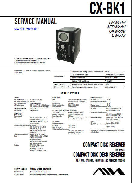 SONY CX-BK1 CD RECEIVER CD DECK RECEIVER SERVICE MANUAL INC BLK DIAGS PCBS SCHEM DIAGS AND PARTS LIST 114 PAGES ENG