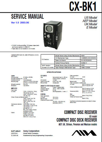 SONY CX-BK1 CD RECEIVER CD DECK RECEIVER SERVICE MANUAL INC BLK DIAGS PCBS SCHEM DIAGS AND PARTS LIST 114 PAGES ENG