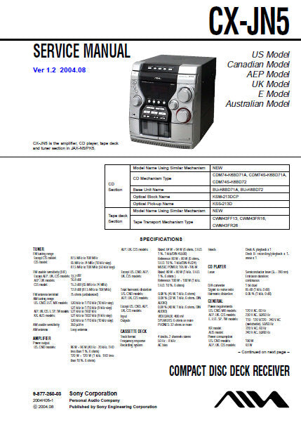 SONY CX-JN5 CD DECK RECEIVER SERVICE MANUAL INC BLK DIAGS PCBS SCHEM DIAGS AND PARTS LIST 76 PAGES ENG