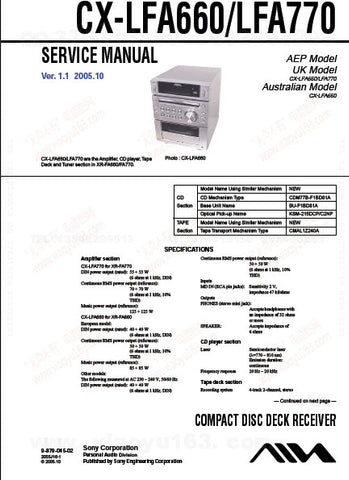 SONY CX-LFA660 CX-LFA770 CD DECK RECEIVER SERVICE MANUAL INC BLK DIAGS PCBS SCHEM DIAGS AND PARTS LIST 58 PAGES ENG
