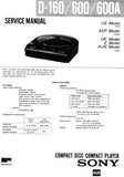 SONY D-160 D-600 D-600A CD COMPACT PLAYER SERVICE MANUAL INC BLK DIAG PCBS SCHEM DIAG AND PARTS LIST 34 PAGES ENG
