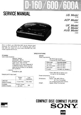 SONY D-160 D-600 D-600A CD COMPACT PLAYER SERVICE MANUAL INC BLK DIAG PCBS SCHEM DIAG AND PARTS LIST 34 PAGES ENG