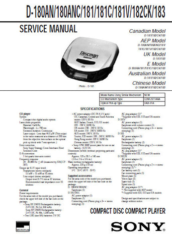 SONY D-180AN D-180ANC D-181 D-181C D-181V D-182CK D-183 CD COMPACT PLAYER SERVICE MANUAL INC PCBS SCHEM DIAGS AND PARTS LIST 32 PAGES ENG