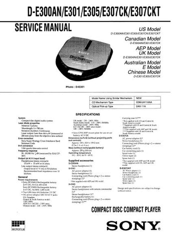 SONY D-E300AN D-E301 D-E305 D-E307CK D-E307CKT CD COMPACT PLAYER SERVICE MANUAL INC BLK DIAG PCBS SCHEM DIAG AND PARTS LIST 28 PAGES ENG