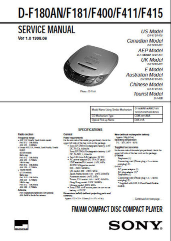 SONY D-F180AN D-F181 D-F400 D-F411 D-F415 FM AM CD COMPACT PLAYER SERVICE MANUAL INC BLK DIAGS PCBS SCHEM DIAGS AND PARTS LIST 47 PAGES ENG