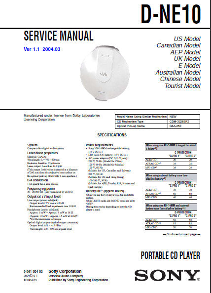 SONY D-NE10 PORTABLE CD PLAYER SERVICE MANUAL INC BLK DIAGS PCBS SCHEM DIAGS AND PARTS LIST 36 PAGES ENG