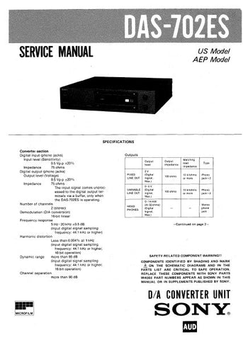 SONY DAS-702ES D/A CONVERTER UNIT SERVICE MANUAL INC BLK DIAGS PCBS SCHEM DIAGS AND PARTS LIST 30 PAGES ENG