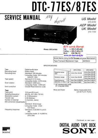 SONY DTC-77ES DTC-87ES DIGITAL AUDIO TAPE DECK SERVICE MANUAL INC BLK DIAG PCBS SCHEM DIAGS AND PARTS LIST 84 PAGES ENG