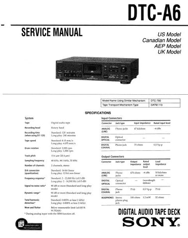 SONY DTC-A6 DIGITAL AUDIO TAPE DECK SERVICE MANUAL INC BLK DIAGS PCBS SCHEM DIAGS AND PARTS LIST 56 PAGES ENG