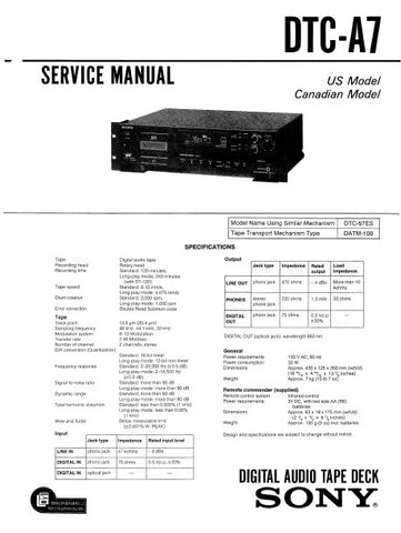 SONY DTC-A7 DIGITAL AUDIO TAPE DECK SERVICE MANUAL INC BLK DIAG PCBS SCHEM DIAGS AND PARTS LIST 59 PAGES ENG