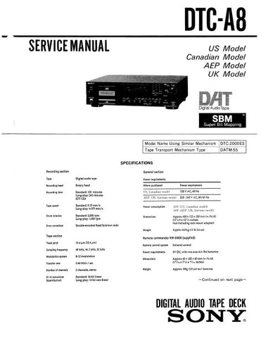 SONY DTC-A8 DIGITAL AUDIO TAPE DECK SERVICE MANUAL INC BLK DIAGS PCBS SCHEM DIAGS AND PARTS LIST 60 PAGES ENG