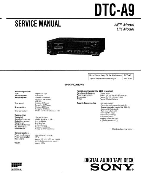 SONY DTC-A9 DIGITAL AUDIO TAPE DECK SERVICE MANUAL INC BLK DIAGS PCBS SCHEM DIAGS AND PARTS LIST 61 PAGES ENG