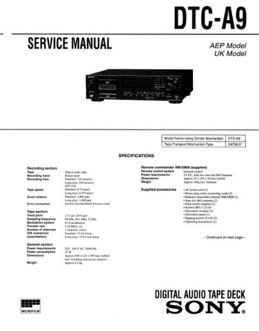 SONY DTC-A9 DIGITAL AUDIO TAPE DECK SERVICE MANUAL INC BLK DIAGS PCBS SCHEM DIAGS AND PARTS LIST 61 PAGES ENG