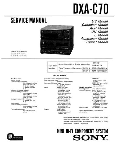 SONY DXA-C70 MINI HIFI COMPONENT SYSTEM SERVICE MANUAL INC PCBS SCHEM DIAGS AND PARTS LIST 55 PAGES ENG