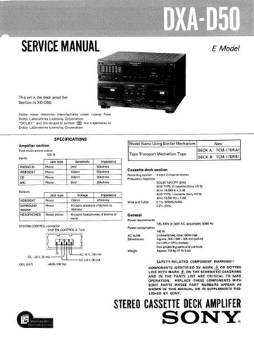 SONY DXA-D50 STEREO CASSETTE DECK AMPLIFIER SERVICE MANUAL INC PCBS SCHEM DIAGS AND PARTS LIST 28 PAGES ENG