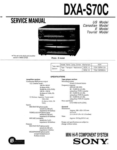 SONY DXA-S70C MINI HIFI COMPONENT SYSTEM SERVICE MANUAL INC BLK DIAG PCBS SCHEM DIAGS AND PARTS LIST 41 PAGES ENG