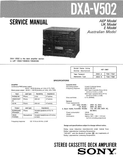 SONY DXA-V502 STEREO CASSETTE DECK AMPLIFIER SERVICE MANUAL INC PCBS SCHEM DIAG AND PARTS LIST 26 PAGES ENG