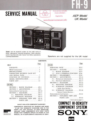 SONY FH-9 TC-89 ST-89L TA-89 SS-89 AC-89 COMPACT HI DENSITY COMPONENT SYSTEM SERVICE MANUAL INC BLK DIAGS PCBS SCHEM DIAGS AND PARTS LIST 77 PAGES ENG