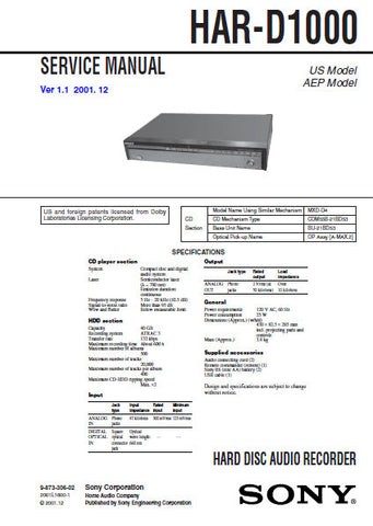 SONY HAR-D1000 HARD DISC AUDIO RECORDER SERVICE MANUAL INC BLK DIAGS PCBS SCHEM DIAGS AND PARTS LIST 68 PAGES ENG