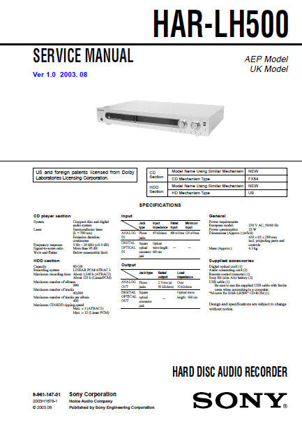 SONY HAR-LH500 HARD DISC AUDIO RECORDER SERVICE MANUAL INC BLK DIAGS PCBS SCHEM DIAGS AND PARTS LIST 46 PAGES ENG