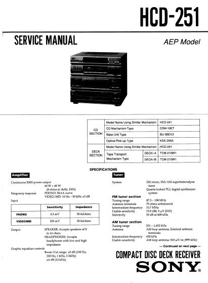 SONY HCD-251 CD DECK RECEIVER SERVICE MANUAL INC BLK DIAG PCBS SCHEM DIAGS AND PARTS LIST 60 PAGES ENG