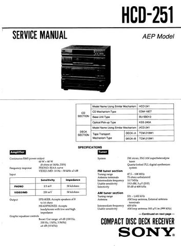 SONY HCD-251 CD DECK RECEIVER SERVICE MANUAL INC BLK DIAG PCBS SCHEM DIAGS AND PARTS LIST 60 PAGES ENG