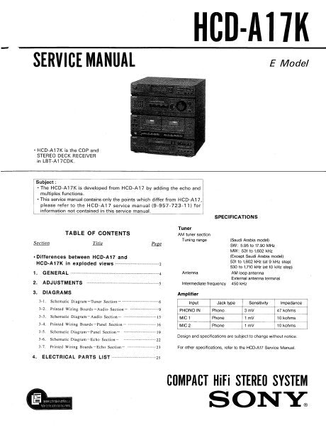 SONY HCD-A17K COMPACT HIFI COMPONENT SYSTEM SERVICE MANUAL INC BLK DIAG PCBS SCHEM DIAGS AND PARTS LIST 24 PAGES ENG