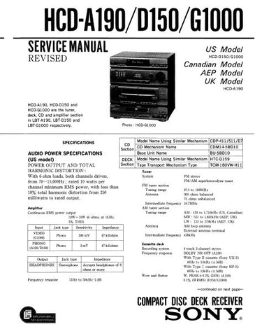SONY HCD-A190 HCD-D150 HCD-G1000 CD DECK RECEIVER SERVICE MANUAL INC BLK DIAGS PCBS SCHEM DIAGS AND PARTS LIST 84 PAGES ENG