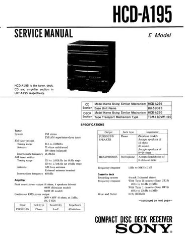 SONY HCD-A195 CD DECK RECEIVER SERVICE MANUAL INC BLK DIAGS PCBS SCHEM DIAGS AND PARTS LIST 56 PAGES ENG