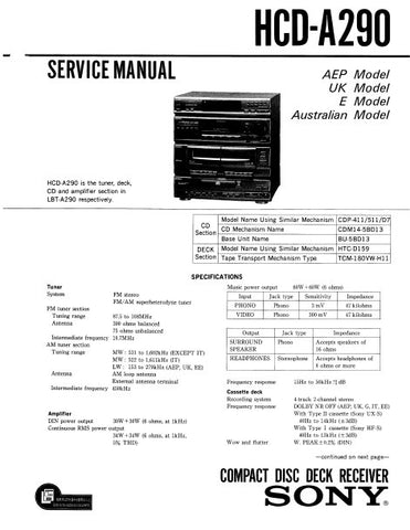 SONY HCD-A290 CD DECK RECEIVER SERVICE MANUAL INC BLK DIAGS PCBS SCHEM DIAGS AND PARTS LIST 92 PAGES ENG