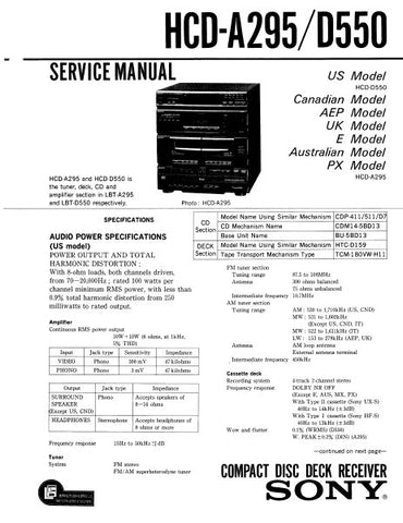 SONY HCD-A295 HCD-D550 CD DECK RECEIVER SERVICE MANUAL INC BLK DIAGS PCBS SCHEM DIAGS AND PARTS LIST 64 PAGES ENG