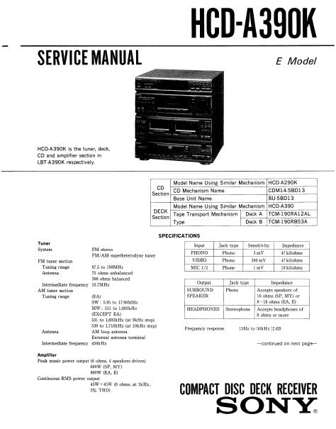 SONY HCD-A390K CD DECK RECEIVER SERVICE MANUAL INC BLK DIAGS PCBS SCHEM DIAGS AND PARTS LIST 65 PAGES ENG
