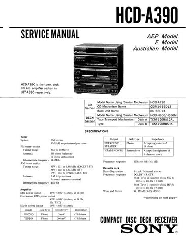 SONY HCD-A390 CD DECK RECEIVER SERVICE MANUAL INC BLK DIAGS PCBS SCHEM DIAGS AND PARTS LIST 64 PAGES ENG