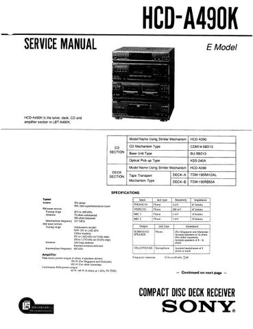 SONY HCD-A490K CD DECK RECEIVER SERVICE MANUAL INC BLK DIAGS PCBS SCHEM DIAGS AND PARTS LIST 63 PAGES ENG