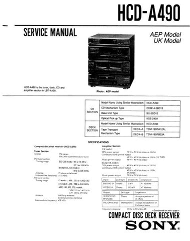 SONY HCD-A490 CD DECK RECEIVER SERVICE MANUAL INC BLK DIAGS PCBS SCHEM DIAGS AND PARTS LIST 71 PAGES ENG