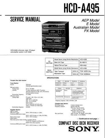 SONY HCD-A495 CD DECK RECEIVER SERVICE MANUAL INC BLK DIAGS PCBS SCHEM DIAGS AND PARTS LIST 71 PAGES ENG