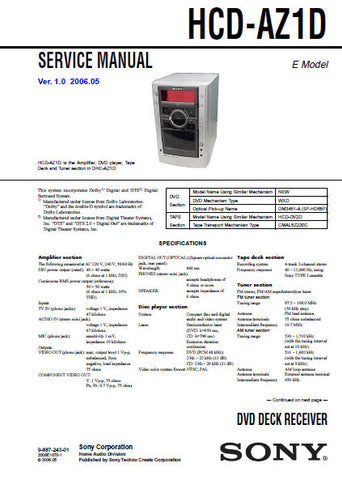 SONY HCD-AZ1D DVD DECK RECEIVER SERVICE MANUAL INC BLK DIAGS PCBS SCHEM DIAGS AND PARTS LIST 62 PAGES ENG