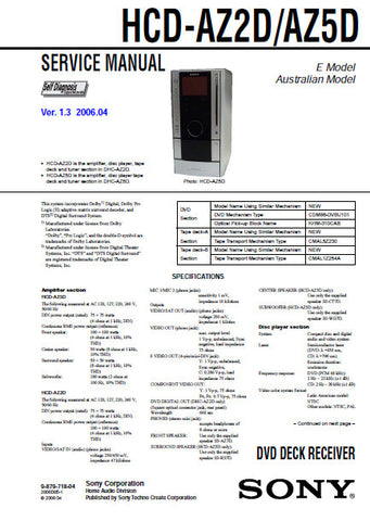 SONY HCD-AZ2D HCD-AZ5D DVD DECK RECEIVER SERVICE MANUAL INC BLK DIAGS PCBS SCHEM DIAGS AND PARTS LIST 116 PAGES ENG