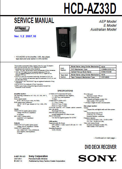 SONY HCD-AZ33D DVD DECK RECEIVER SERVICE MANUAL INC BLK DIAGS PCBS SCHEM DIAGS AND PARTS LIST 152 PAGES ENG