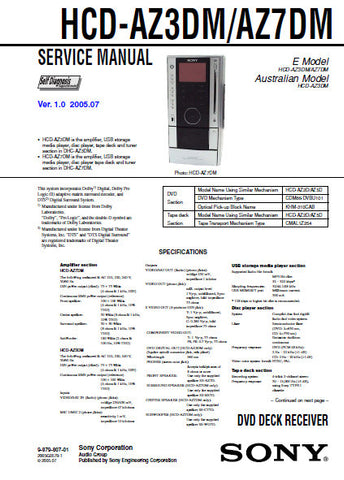 SONY HCD-AZ3DM HCD-AZ7DM DVD DECK RECEIVER SERVICE MANUAL INC BLK DIAGS PCBS SCHEM DIAGS AND PARTS LIST 118 PAGES ENG