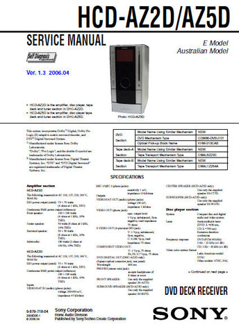 SONY HCD-AZ72D HCD-AZ5D DVD DECK RECEIVER SERVICE MANUAL INC BLK DIAGS PCBS SCHEM DIAGS AND PARTS LIST 116 PAGES ENG