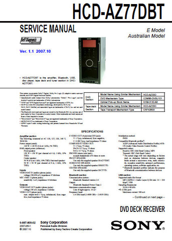 SONY HCD-AZ77DBT DVD DECK RECEIVER SERVICE MANUAL INC BLK DIAGS PCBS SCHEM DIAGS AND PARTS LIST 148 PAGES ENG