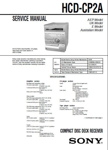 SONY HCD-CP2A CD DECK RECEIVER SERVICE MANUAL INC PCBS SCHEM DIAGS AND PARTS LIST 54 PAGES ENG