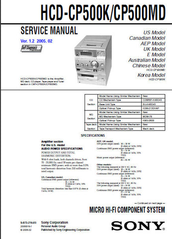 SONY HCD-CP500K HCD-CP500MD MICRO HIFI COMPONENT SYSTEM SERVICE MANUAL INC BLK DIAGS PCBS SCHEM DIAGS AND PARTS LIST 94 PAGES ENG