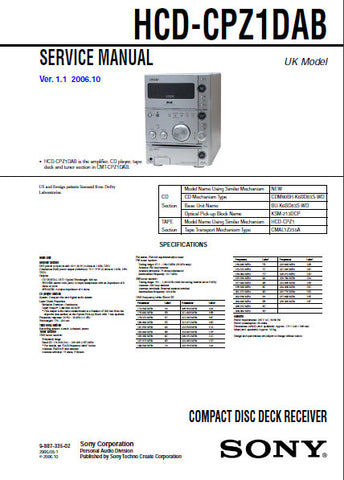 SONY HCD-CPZ1DAB CD DECK RECEIVER SERVICE MANUAL INC BLK DIAGS PCBS SCHEM DIAGS AND PARTS LIST 90 PAGES ENG