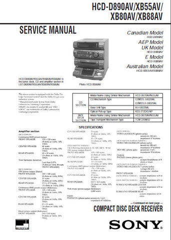 SONY HCD-D890AV HCD-XB55AV HCD-XB80AV HCD-XB88AV CD DECK RECEIVER SERVICE MANUAL INC BLK DIAGS PCBS SCHEM DIAGS AND PARTS LIST 98 PAGES ENG