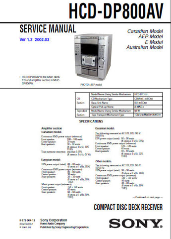 SONY HCD-DP800AV CD DECK RECEIVER SERVICE MANUAL INC BLK DIAGS PCBS SCHEM DIAGS AND PARTS LIST 84 PAGES ENG