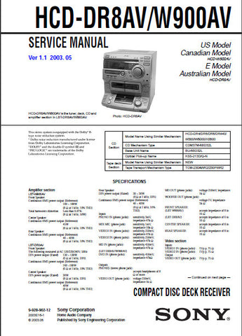 SONY HCD-DR8AV HCD-W900AV CD DECK RECIEVER SERVICE MANUAL INC BLK DIAGS PCBS SCHEM DIAGS AND PARTS LIST 92 PAGES ENG
